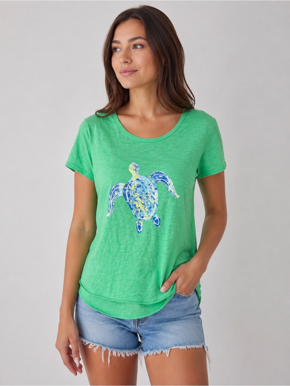 Green Tee with Blue Turtle Graphic